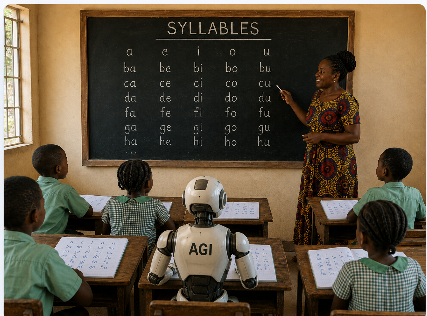 An AI robot labelled AGI sits at a desk among Bantu schoolchildren as a teacher points to a blackboard headed SYLLABLES, showing the rows a-e-i-o-u, ba-be-bi-bo-bu, ca-ce-ci-co-cu and on down.