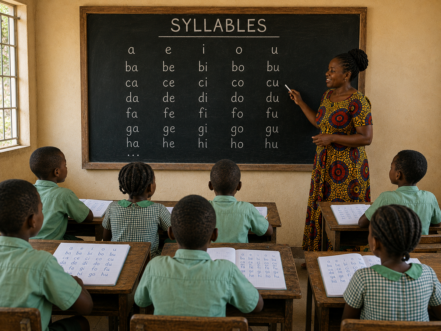 A Bantu primary-school classroom. Children in green uniforms copy a grid from the blackboard, which is headed SYLLABLES and shows a e i o u, then ba be bi bo bu, ca ce ci co cu, da de di do du, fa fe fi fo fu, ga ge gi go gu, ha he hi ho hu. The teacher points at the grid.